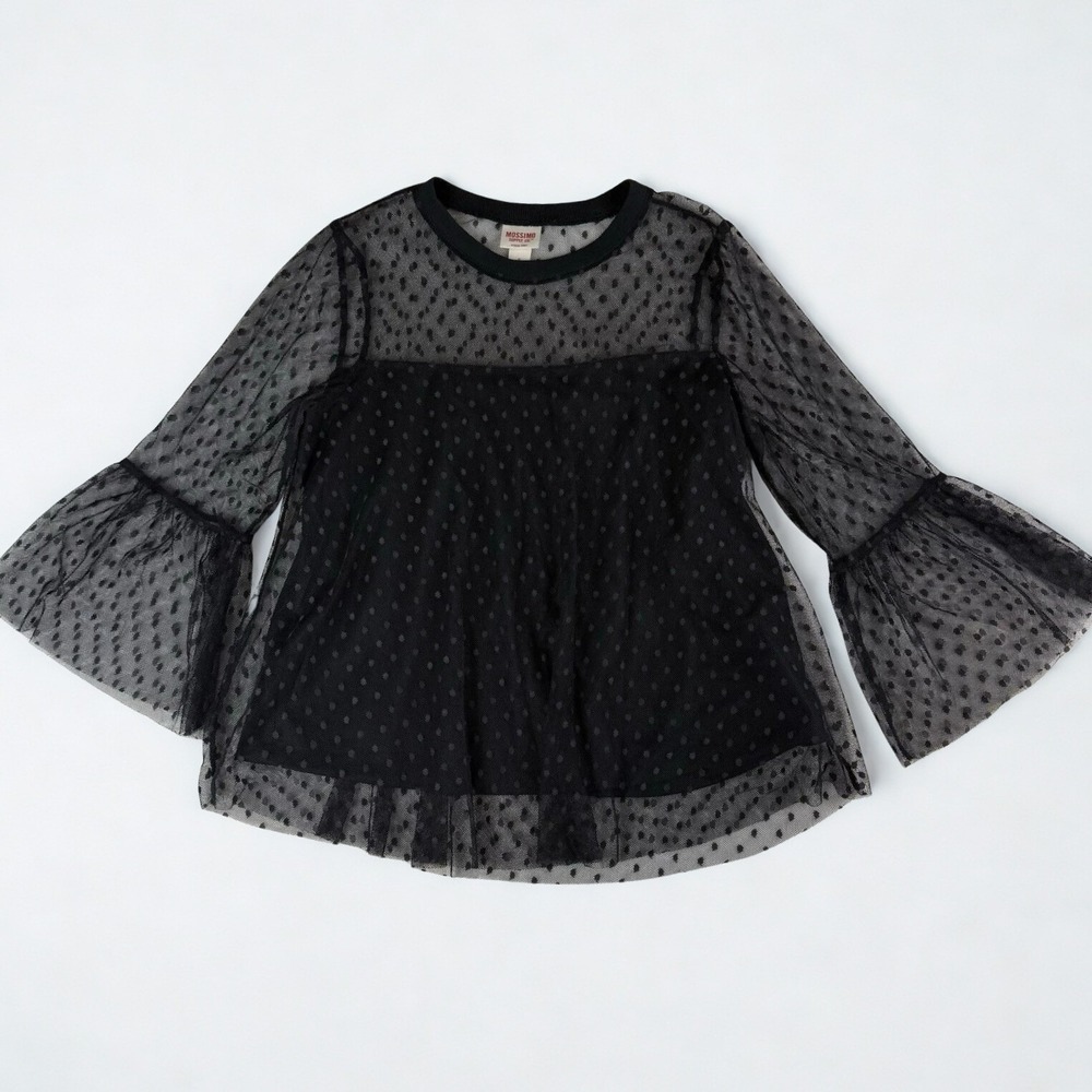 Whimsigoth Bell Sleeve Top Womens‎ S Black Sheer Polkadot Blouse Witchy Mossimo